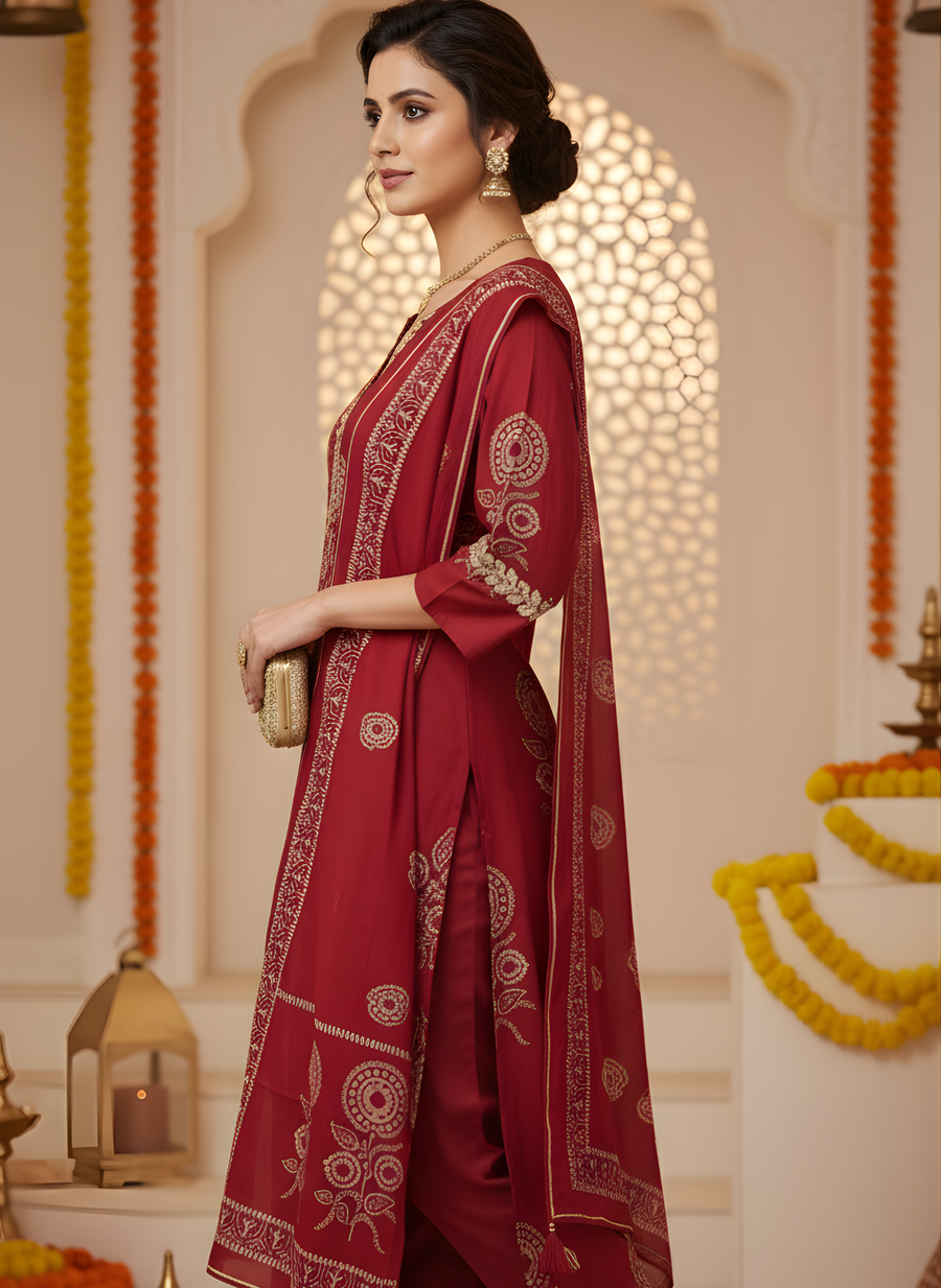 Designer Maroon Embroidered Kurta with Dupatta