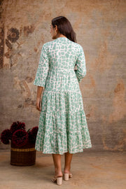Aaronee Light Green Printed Tiered Pure Cotton Middy Dress for Women