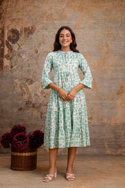 Aaronee Light Green Printed Tiered Pure Cotton Middy Dress for Women