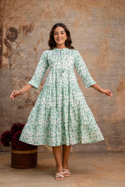 Aaronee Light Green Printed Tiered Pure Cotton Middy Dress for Women