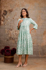 Aaronee Light Green Printed Tiered Pure Cotton Middy Dress for Women