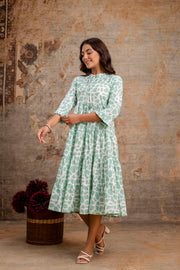 Aaronee Light Green Printed Tiered Pure Cotton Middy Dress for Women