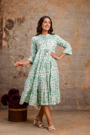 Aaronee Light Green Printed Tiered Pure Cotton Middy Dress for Women