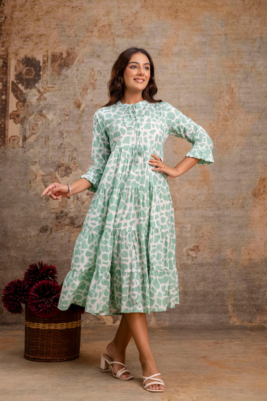 Aaronee Light Green Printed Tiered Pure Cotton Middy Dress for Women