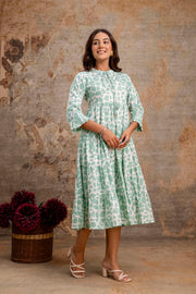 Aaronee Light Green Printed Tiered Pure Cotton Middy Dress for Women