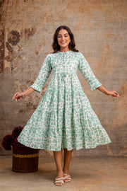 Aaronee Light Green Printed Tiered Pure Cotton Middy Dress for Women