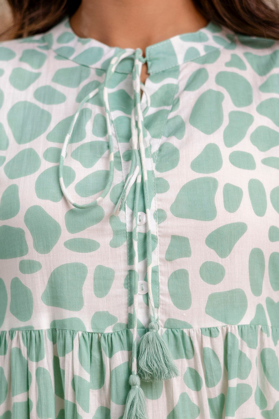 Aaronee Light Green Printed Tiered Pure Cotton Middy Dress for Women