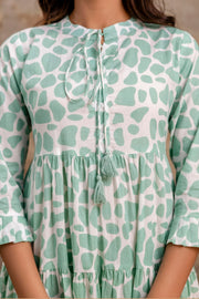 Aaronee Light Green Printed Tiered Pure Cotton Middy Dress for Women