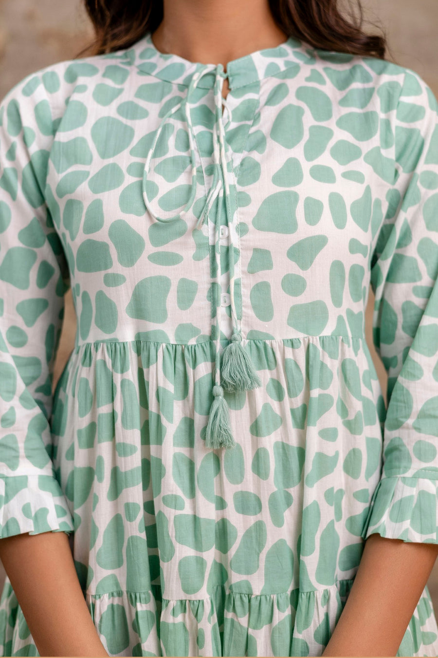 Aaronee Light Green Printed Tiered Pure Cotton Middy Dress for Women