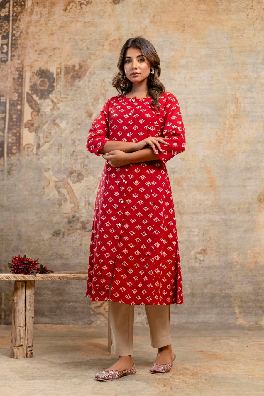 Side Pose of Maroon Ikat Print Kurti – Aaronee Collection