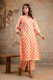 Chic Orange Striped Kurta Set for Women | Pure Cotton Ethnic Co-ord by Aaronee