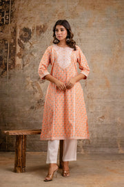 Elegant Pure Cotton Dupatta Set with Embroidered Yoke & Dupatta - Peach/Pink | Aaronee