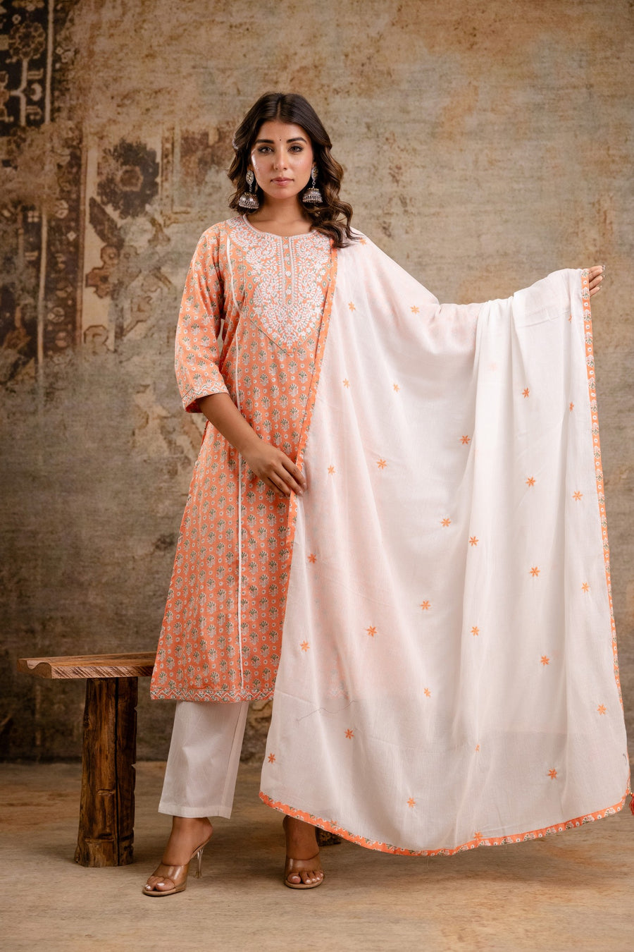 Elegant Pure Cotton Dupatta Set with Embroidered Yoke & Dupatta - Peach/Pink | Aaronee