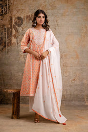 Elegant Pure Cotton Dupatta Set with Embroidered Yoke & Dupatta - Peach/Pink | Aaronee