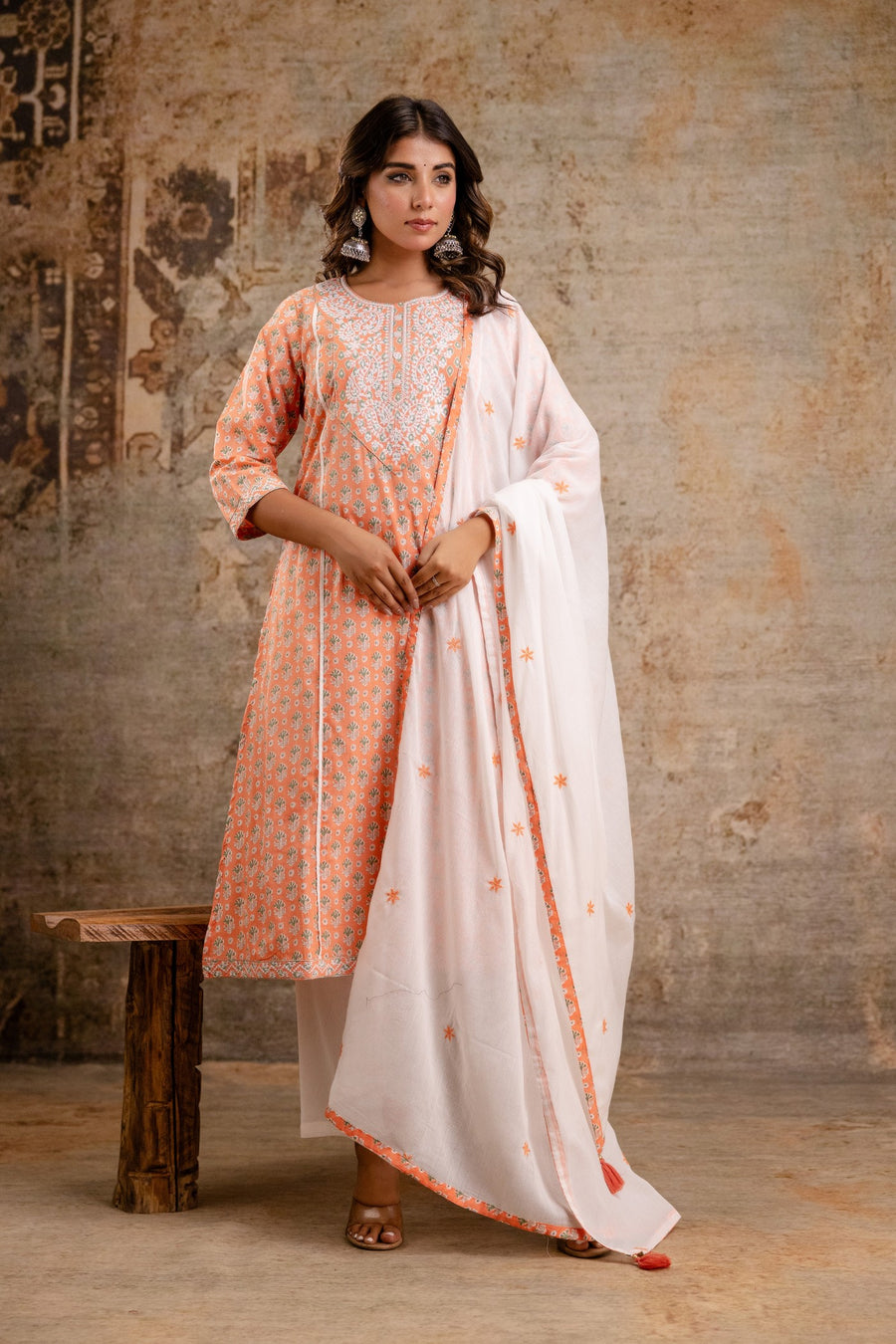 Elegant Pure Cotton Dupatta Set with Embroidered Yoke & Dupatta - Peach/Pink | Aaronee