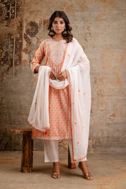 Elegant Pure Cotton Dupatta Set with Embroidered Yoke & Dupatta - Peach/Pink | Aaronee