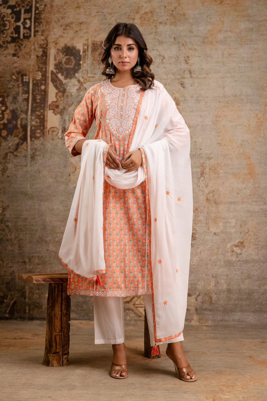 Elegant Pure Cotton Dupatta Set with Embroidered Yoke & Dupatta - Peach/Pink | Aaronee