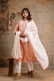 Elegant Pure Cotton Dupatta Set with Embroidered Yoke & Dupatta - Peach/Pink | Aaronee