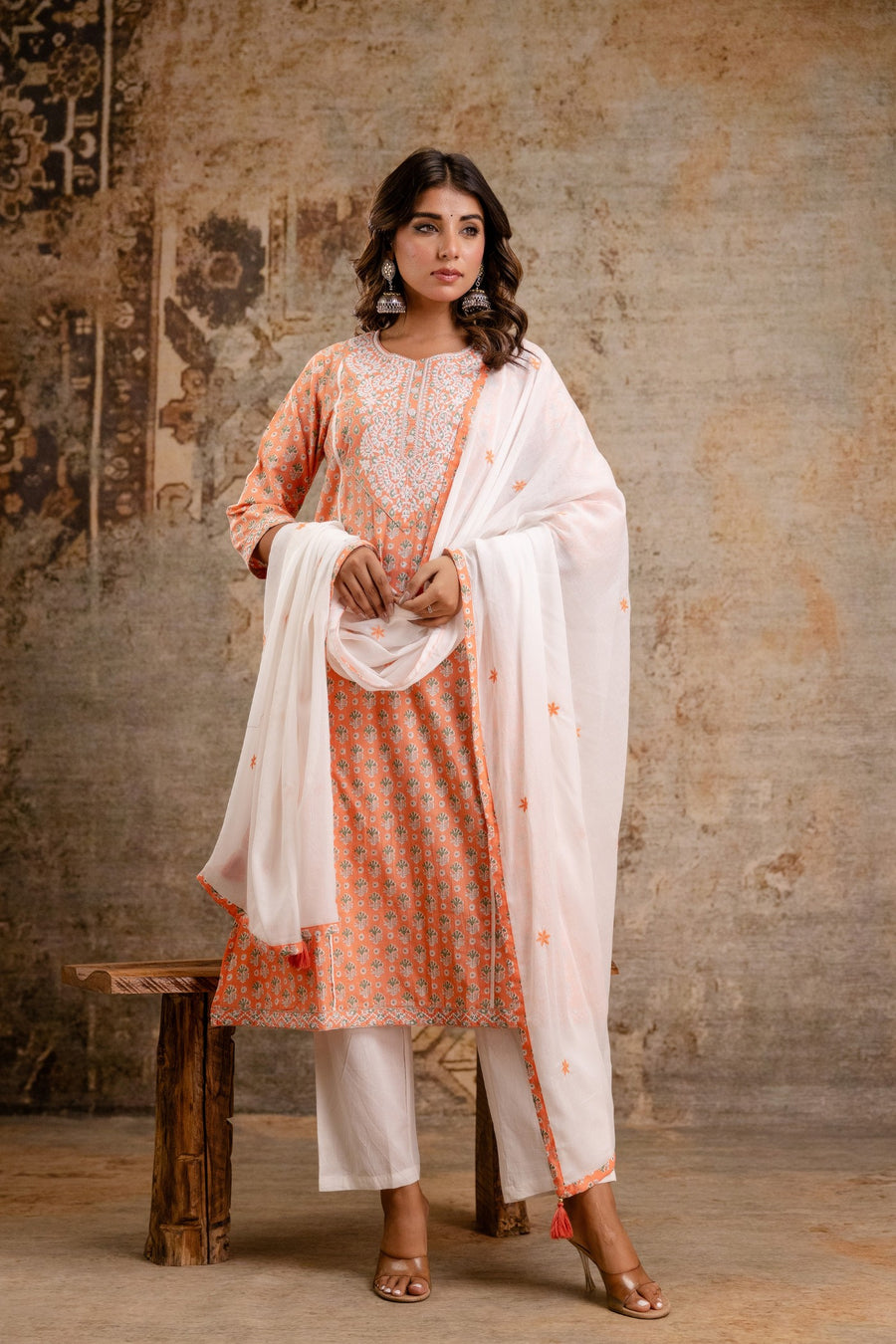 Elegant Pure Cotton Dupatta Set with Embroidered Yoke & Dupatta - Red | Aaronee