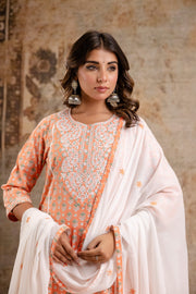Elegant Pure Cotton Dupatta Set with Embroidered Yoke & Dupatta - Peach/Pink | Aaronee