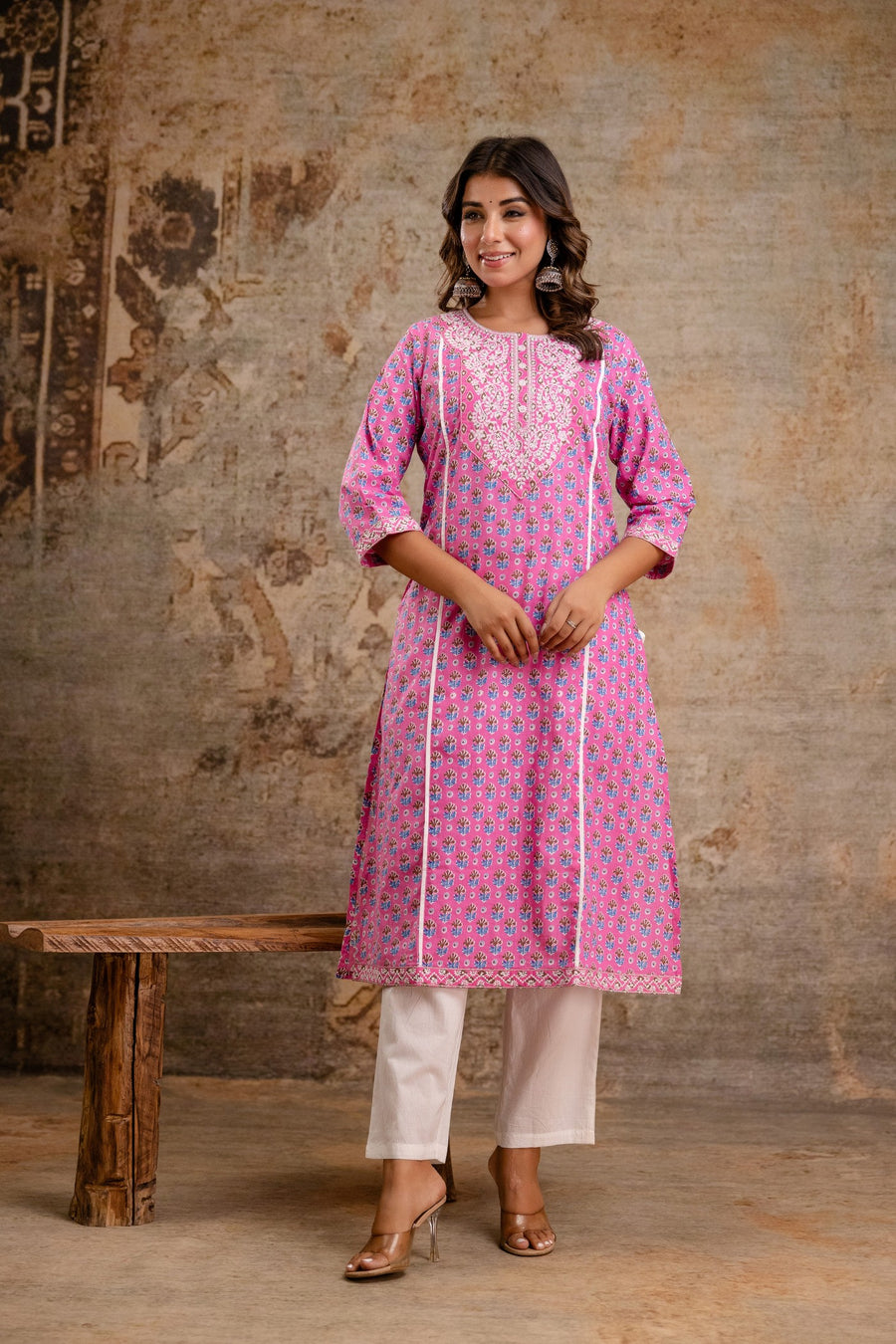 Elegant Pure Cotton Dupatta Set with Embroidered Yoke & Dupatta - Peach/Pink | Aaronee