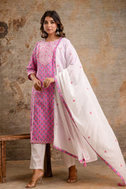 Elegant Pure Cotton Dupatta Set with Embroidered Yoke & Dupatta - Peach/Pink | Aaronee