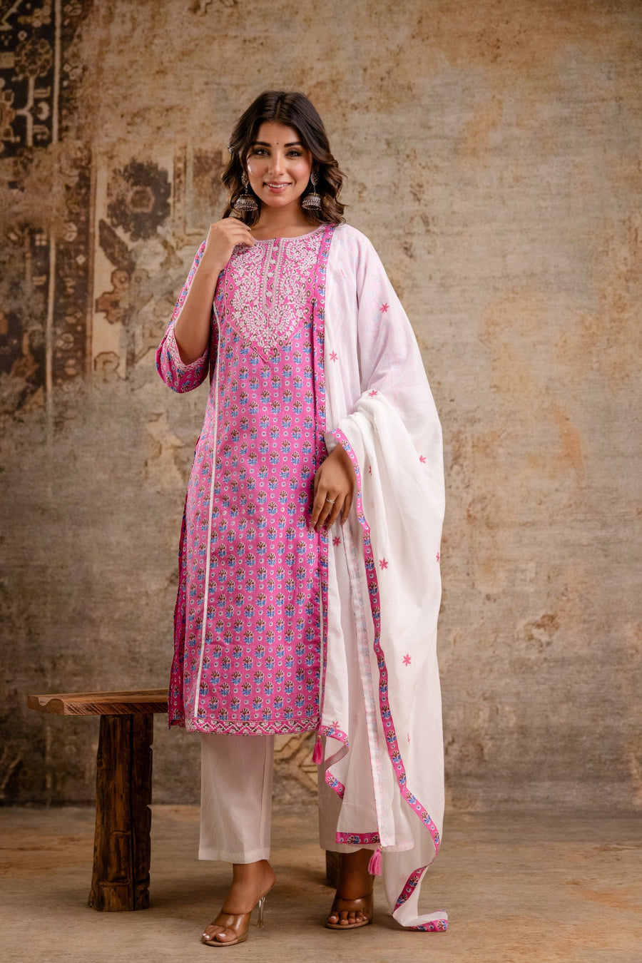 Elegant Pure Cotton Dupatta Set with Embroidered Yoke & Dupatta - Peach/Pink | Aaronee