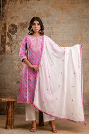 Elegant Pure Cotton Dupatta Set with Embroidered Yoke & Dupatta - Peach/Pink | Aaronee
