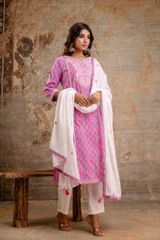Elegant Pure Cotton Dupatta Set with Embroidered Yoke & Dupatta - Red | Aaronee
