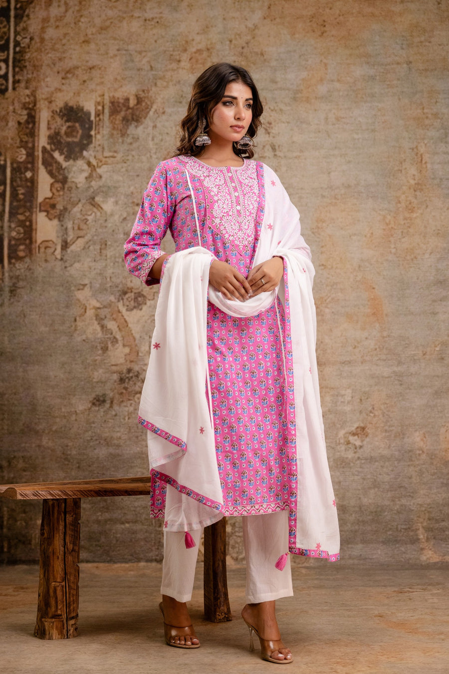 Elegant Pure Cotton Dupatta Set with Embroidered Yoke & Dupatta - Red | Aaronee