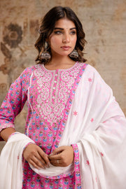 Elegant Pure Cotton Dupatta Set with Embroidered Yoke & Dupatta - Peach/Pink | Aaronee