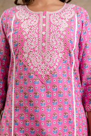 Elegant Pure Cotton Dupatta Set with Embroidered Yoke & Dupatta - Peach/Pink | Aaronee