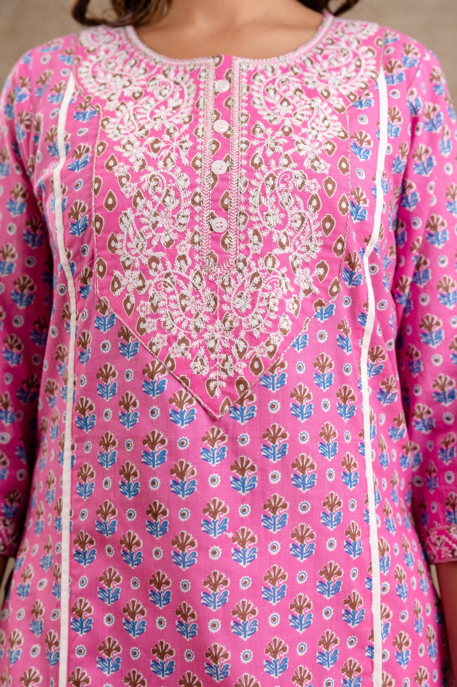 Elegant Pure Cotton Dupatta Set with Embroidered Yoke & Dupatta - Peach/Pink | Aaronee
