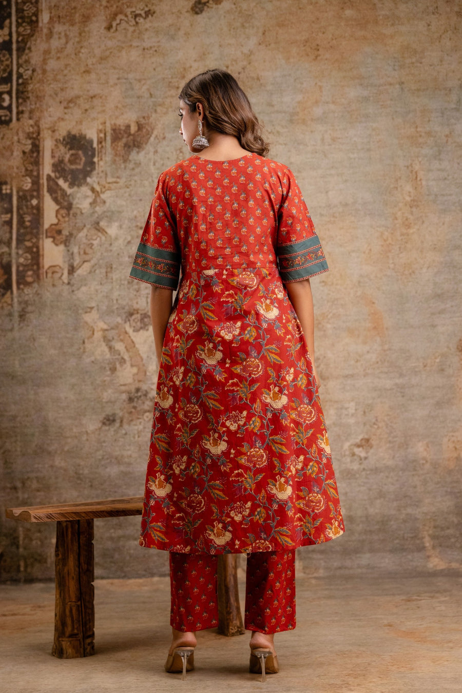 Elegant Rust Red Floral Cotton Dupatta Set for Women | Pure Cotton Suit by Aaronee