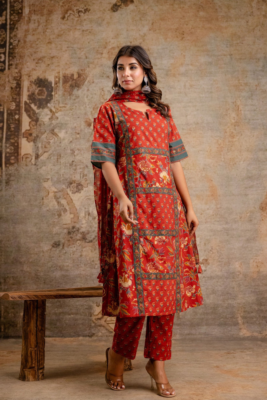 Elegant Rust Red Floral Cotton Dupatta Set for Women | Pure Cotton Suit by Aaronee