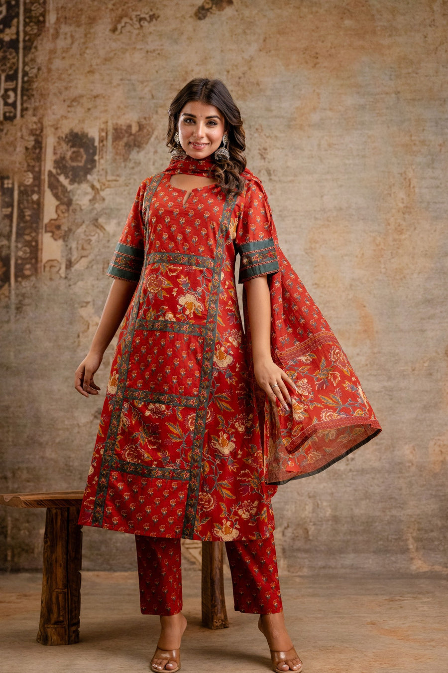 Elegant Rust Red Floral Cotton Dupatta Set for Women | Pure Cotton Suit by Aaronee