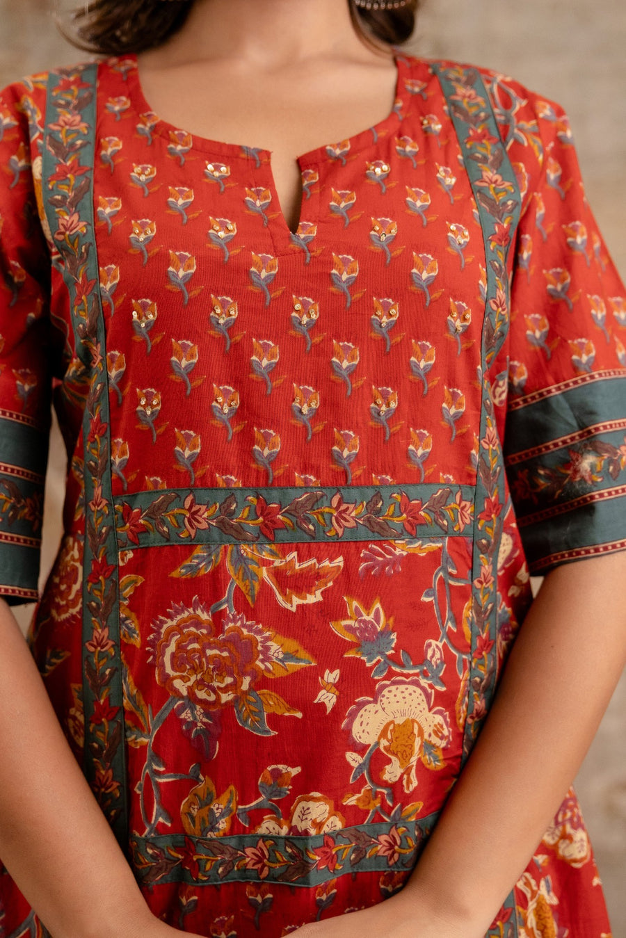 Elegant Rust Red Floral Cotton Dupatta Set for Women | Pure Cotton Suit by Aaronee