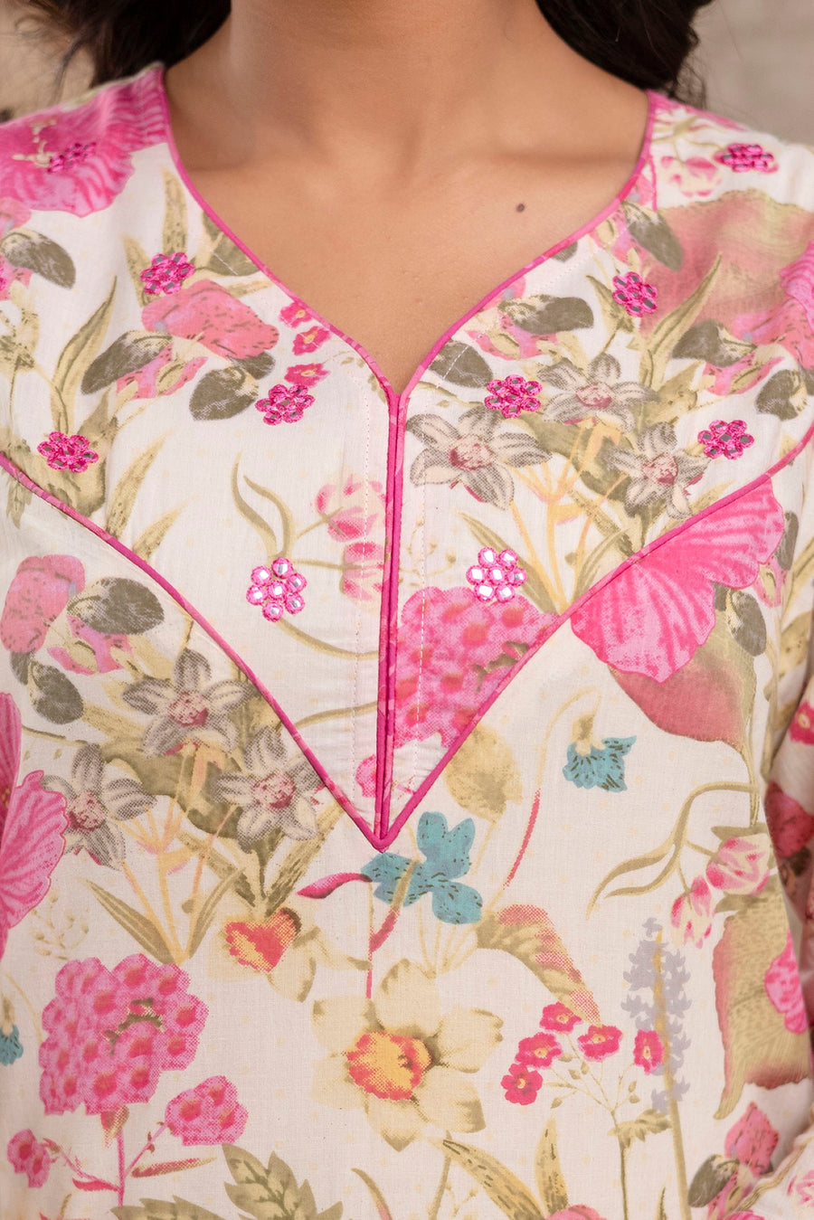 Cream Floral Printed Pure Cotton Kurta Set for Women – Aaronee Casual & Festive Wear