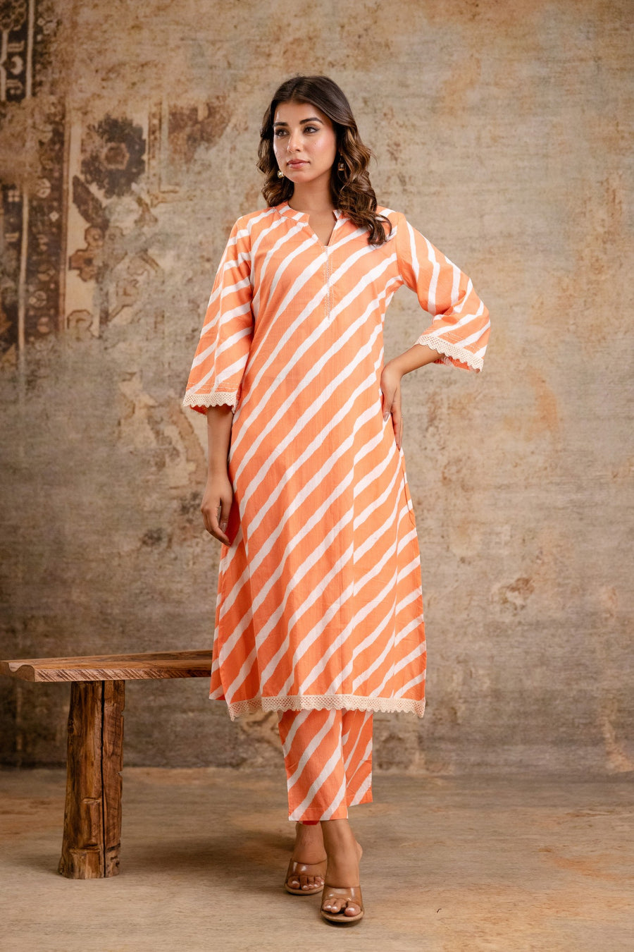 3/4 sleeve lace-trimmed kurta in orange