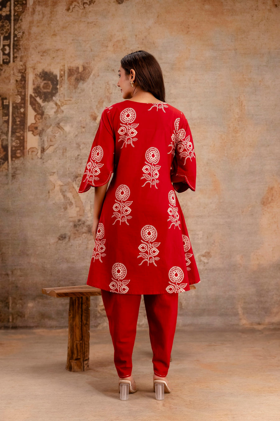 Designer Red Co-ord Set with Tulip Pants & White Floral Embroidery – Aaronee