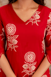 Designer Red Co-ord Set with Tulip Pants & White Floral Embroidery – Aaronee
