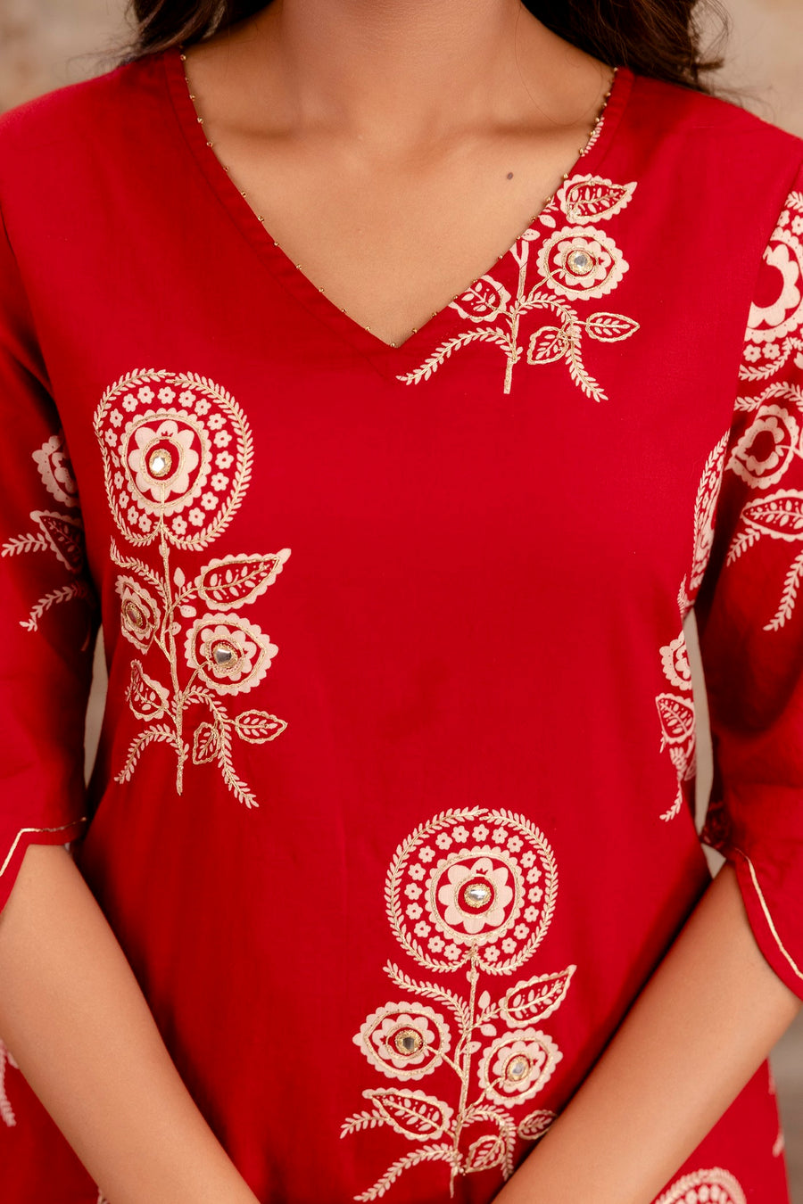 Designer Red Co-ord Set with Tulip Pants & White Floral Embroidery – Aaronee