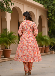 Peach Blossom Pure Cotton Floral Kurta Pant Set for Women | Aaronee Ethnic Wear