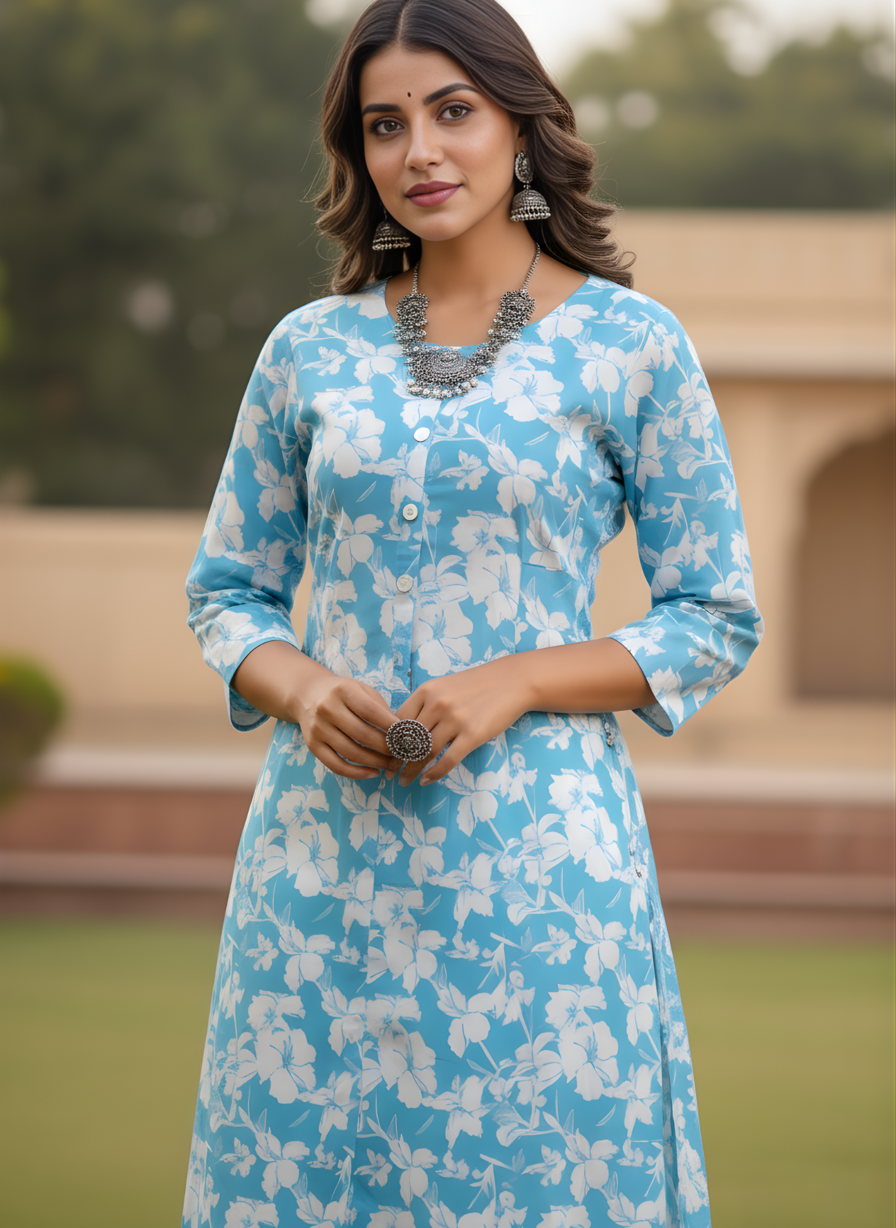 Elegant Blue Floral Printed Kurta Set in Pure Cotton by Aaronee