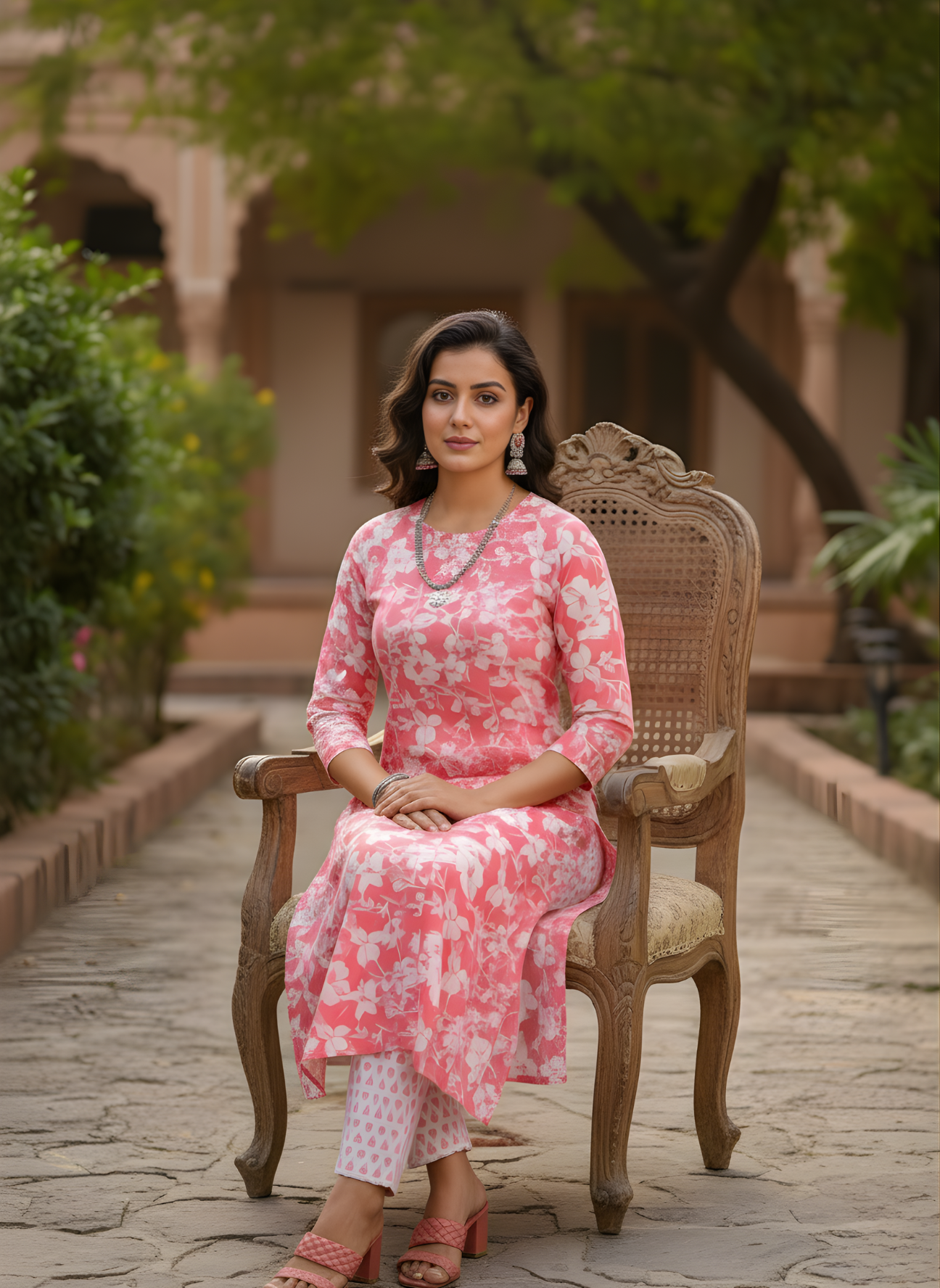 Elegant Pink & White Floral Cotton Kurta Set for Women – Aaronee Ethnic Wear