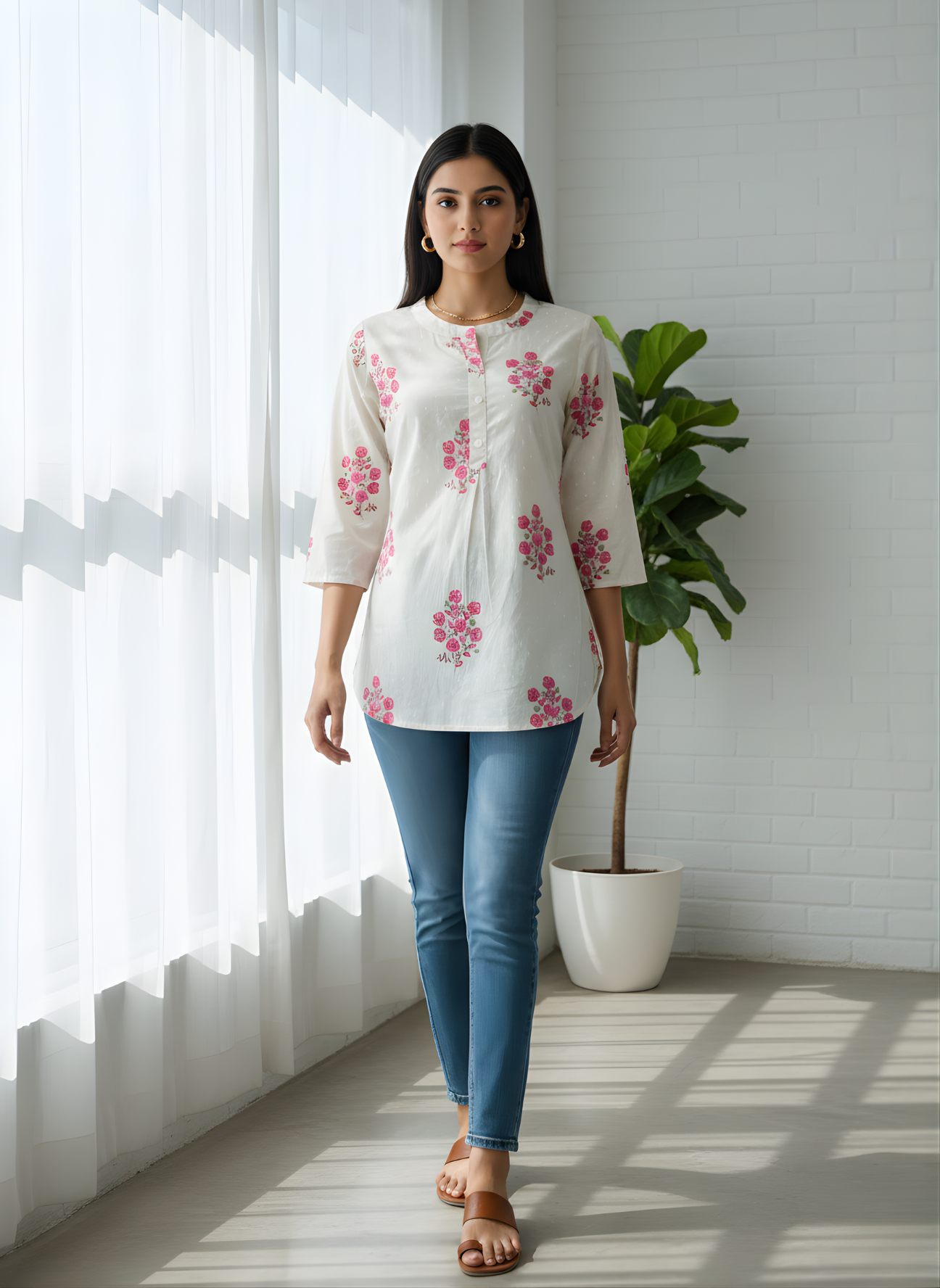 White floral cotton top for women by Aaronee