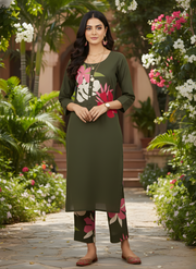 Green floral printed kurta set for women by Aaronee