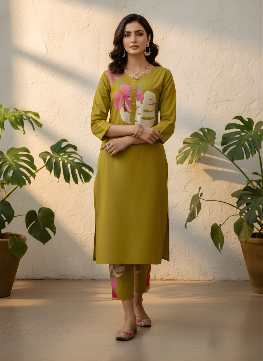 Floral Print Mustard Kurta Set with Pants
