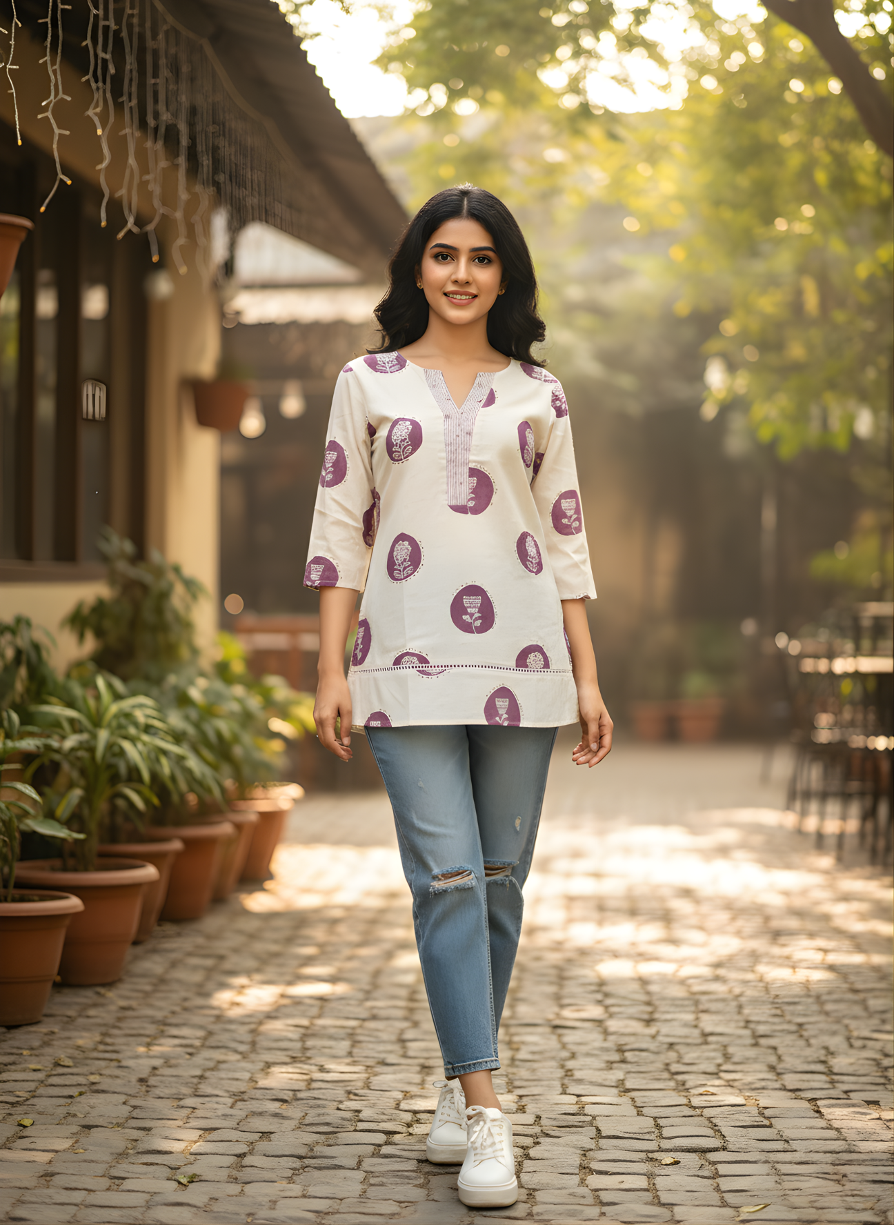 Purple printed cotton top for women by Aaronee