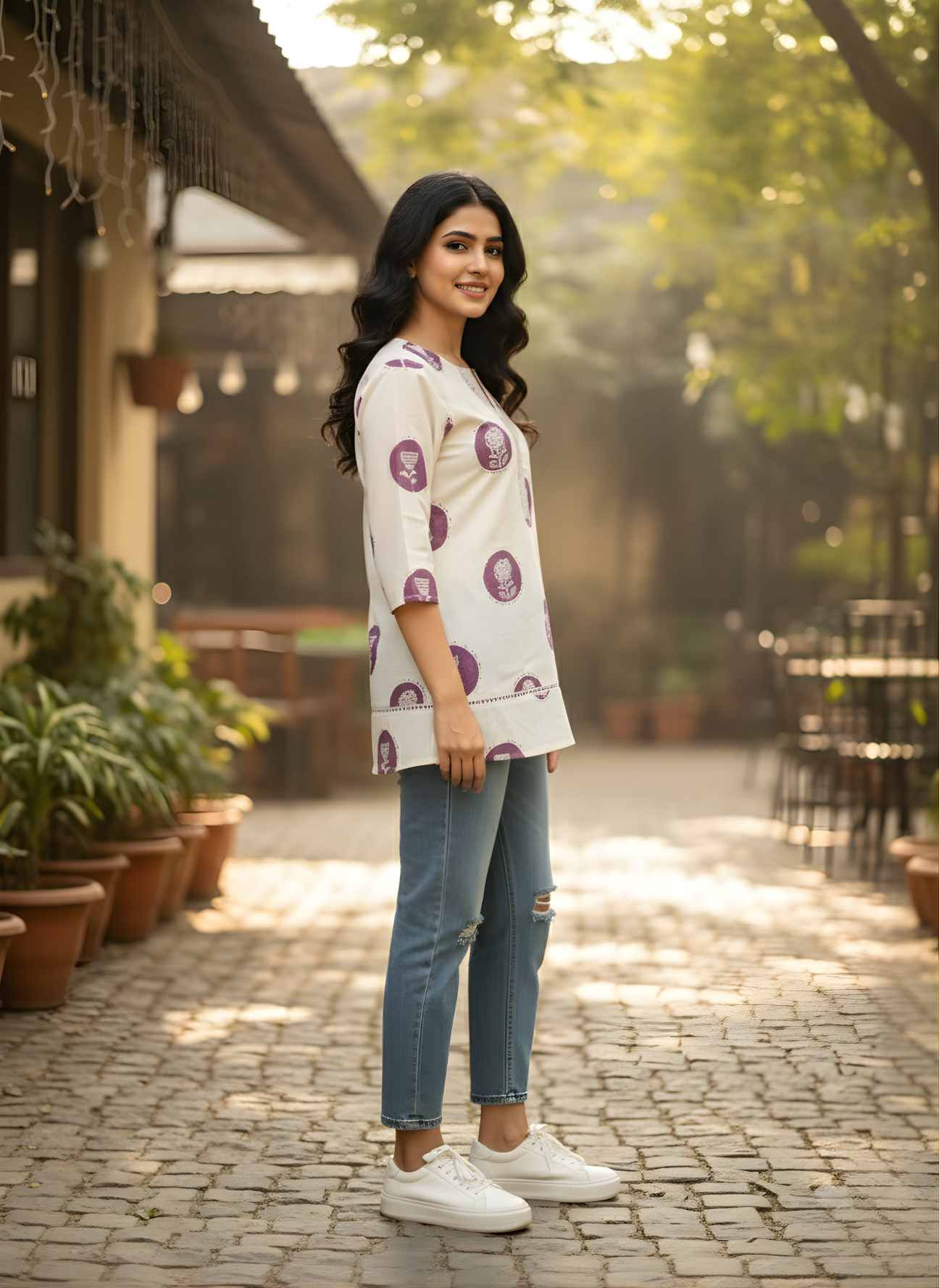 Elegant cream and purple cotton top Jaipur style